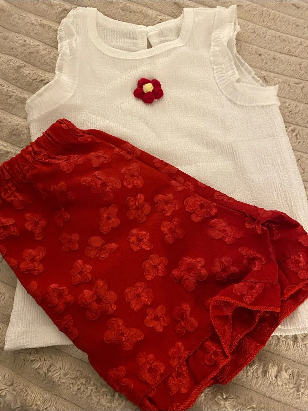 NWOT, Girls Summer Outfit White Top and Deep Red Embroidered Shorts